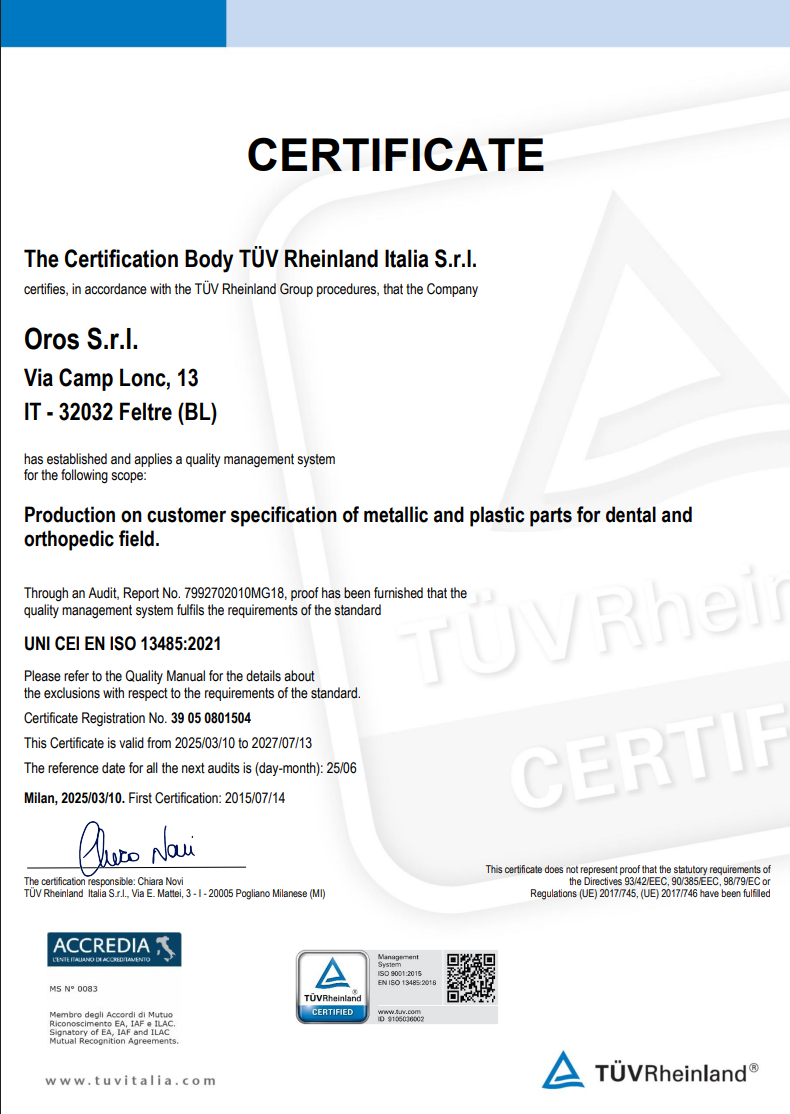 Oros ISO 13485 certificate