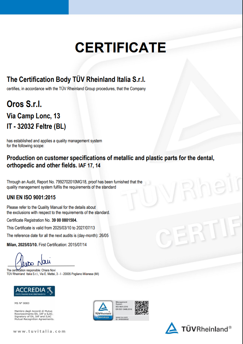 Oros ISO 9001 certificate